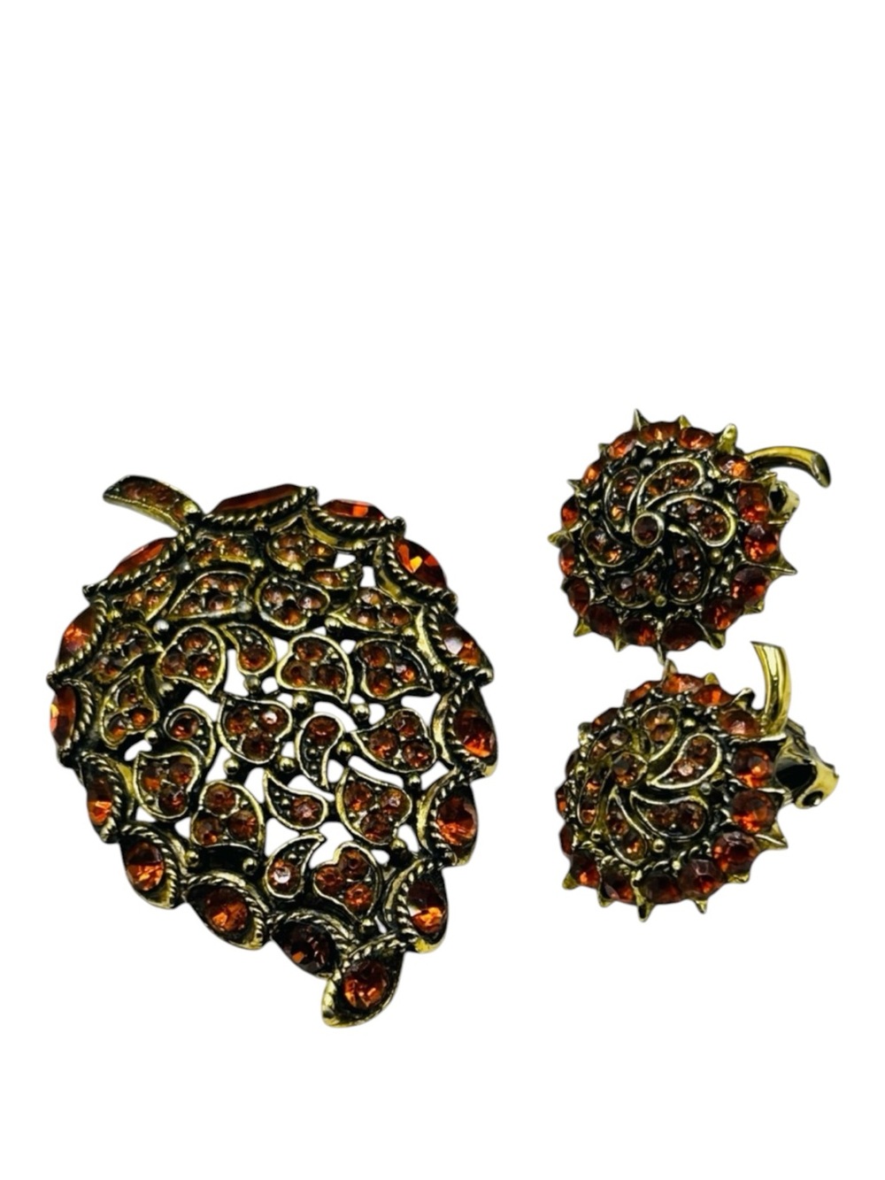 Vintage Hollycraft Madeira Citrine Rhinestone Brooch Earring Set